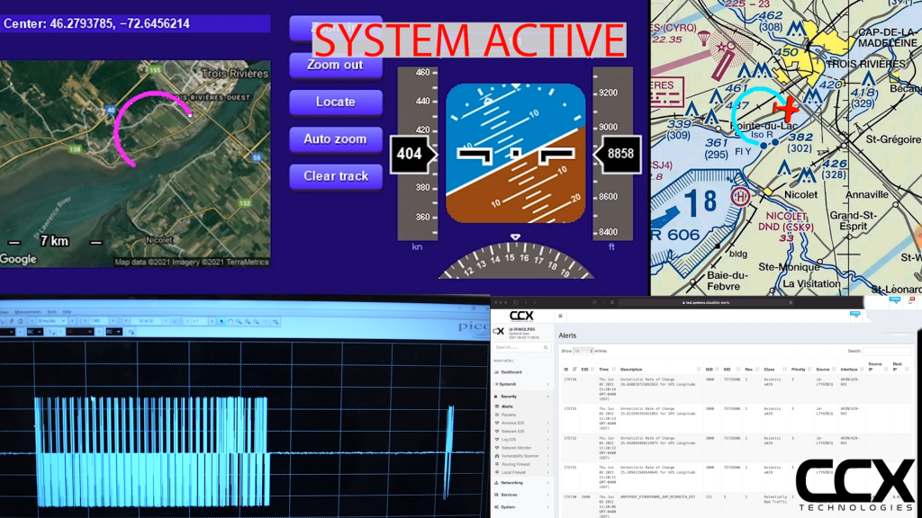 SystemX at work, a screenshot of systemx software sending real-time alerts with GPS data and ARINC-429 data in the split screen. 

ALT TEXT: 
SystemX, cybersecurity, defence cybersecurity, cyber defence, cyber defense, aircraft defence, aircraft cybersecurity, Canadian engineering 